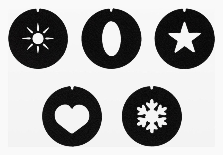 Mitgelieferte Effekt-Blendenscheiben (Sonne, Oval, Stern, Herz, Schneeflocke)